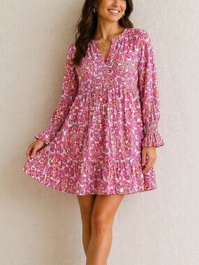 Tuckernuck Pink Paisley Print Babydoll Dress Tiered Boho Peasant Casual Chic L